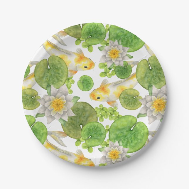 Yellow Koi Fish and White Water Lilies Pond Paper Plate (Front)