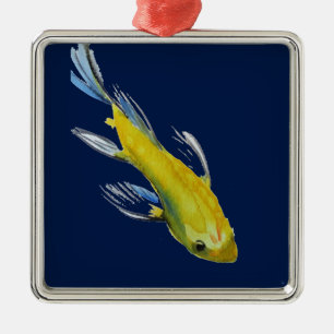 Yellow koi Japanese carp watercolour art fish Metal Tree Decoration