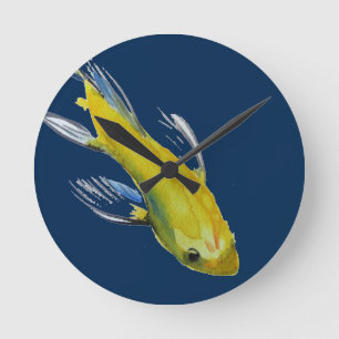 Yellow koi Japanese carp watercolour art fish Round Clock