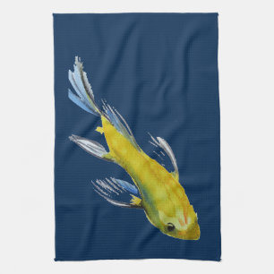 Yellow koi Japanese carp watercolour art fish Tea Towel