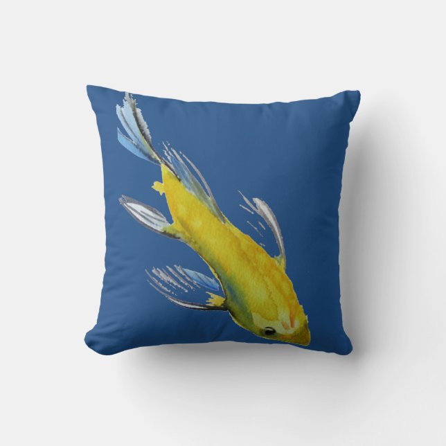 Yellow Koi Japanese watercolour fish art Cushion (Front)