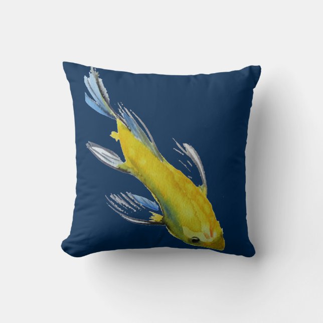 Yellow Koi Japanese watercolour fish art Cushion (Front)