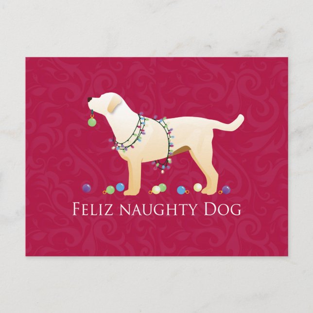 Yellow Lab Christmas Feliz Naughty Dog Holiday Postcard (Front)