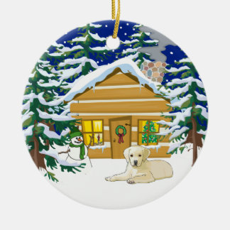 Yellow Lab Christmas Log Cabin Ceramic Tree Decoration