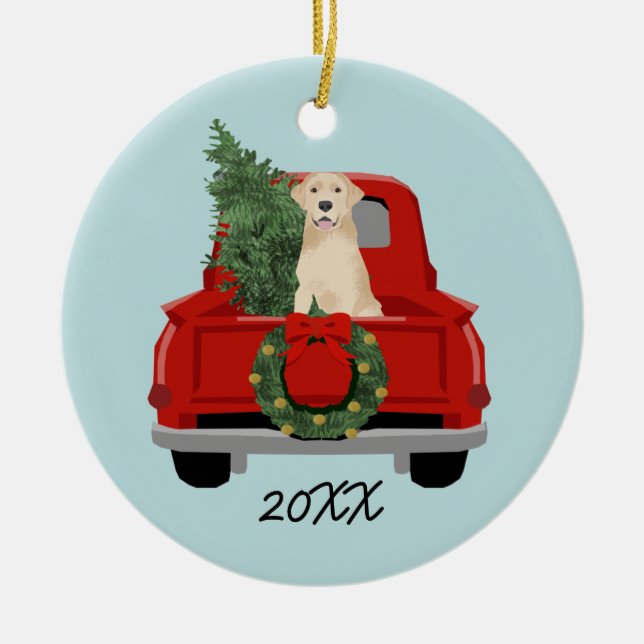 Yellow Lab Christmas Truck Ornament (Front)