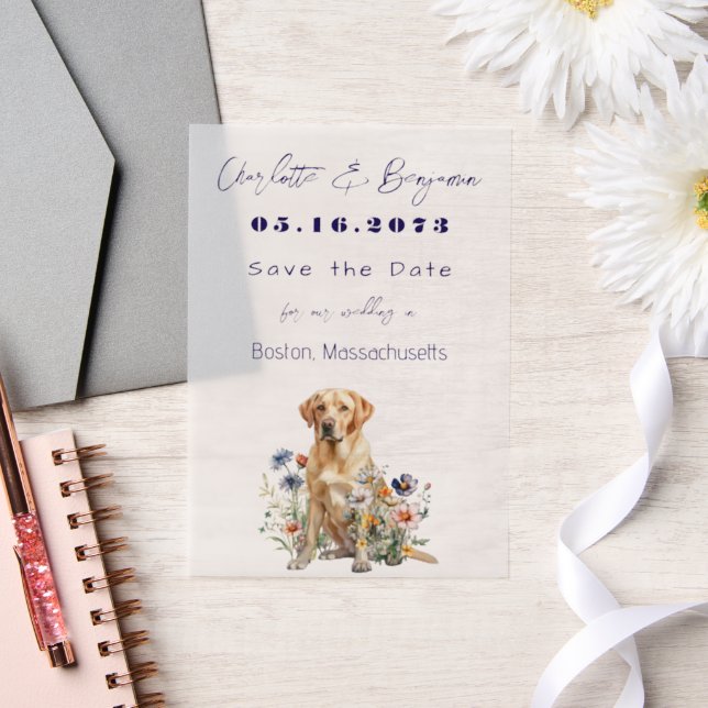 Yellow Lab Dog and Wildflowers Save the Date Vellum Invitations (Wedding)