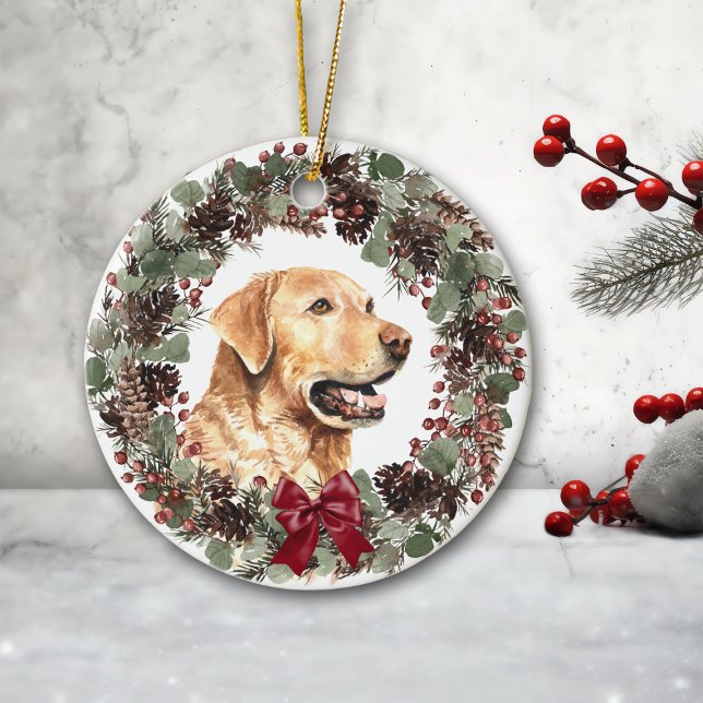 Yellow Lab Dog Pinecone Wreath Personalised Ceramic Tree Decoration (Creator Uploaded)