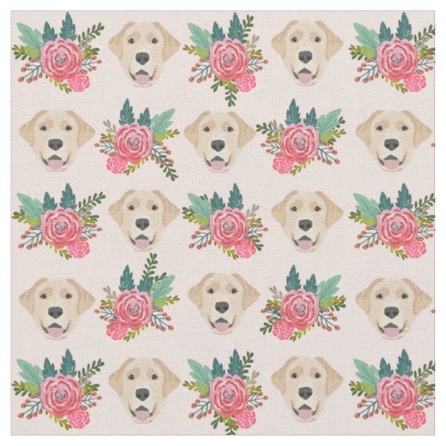 Yellow Lab dog pink florals Fabric (Close Up)