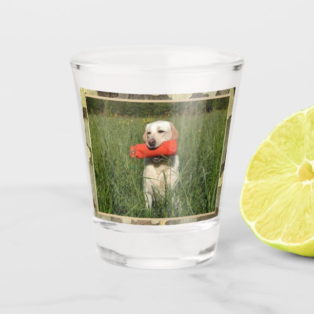 Yellow Lab Hunting Dog With  Camo Trim Shot Glass (Front)