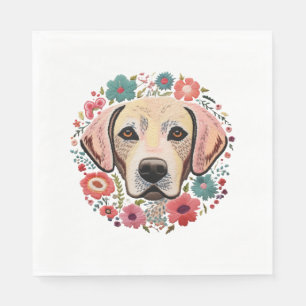 Yellow Lab Labrador with flowers floral Embroidery Napkin