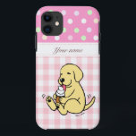 Yellow Lab Licking Ice Cream Cartoon iPhone 11 Case<br><div class="desc">Whimsy and cute Labrador Retriever Cartoon created by Naomi Ochiai from Japan. A cute and happy looking Yellow Labrador enjoys licking Ice Cream. What a joyful time it is!! Nice gift for dog lovers who love Yellow Labrador.  We have various backgrounds.  You can customise text and more!</div>