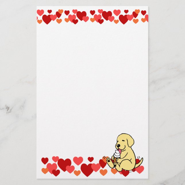 Yellow Lab Licking Ice Cream Hearts Stationery (Front)
