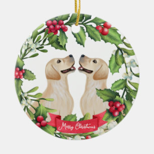 Yellow Lab Mistletoe Wreath Pet Dog Christmas Ceramic Tree Decoration