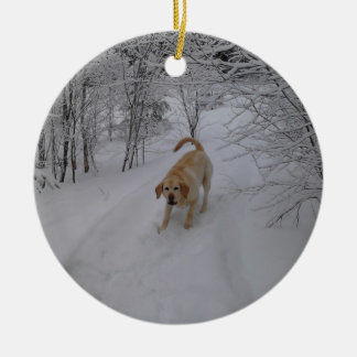 Yellow Lab Playing in Fresh Winter Snow Ceramic Tree Decoration