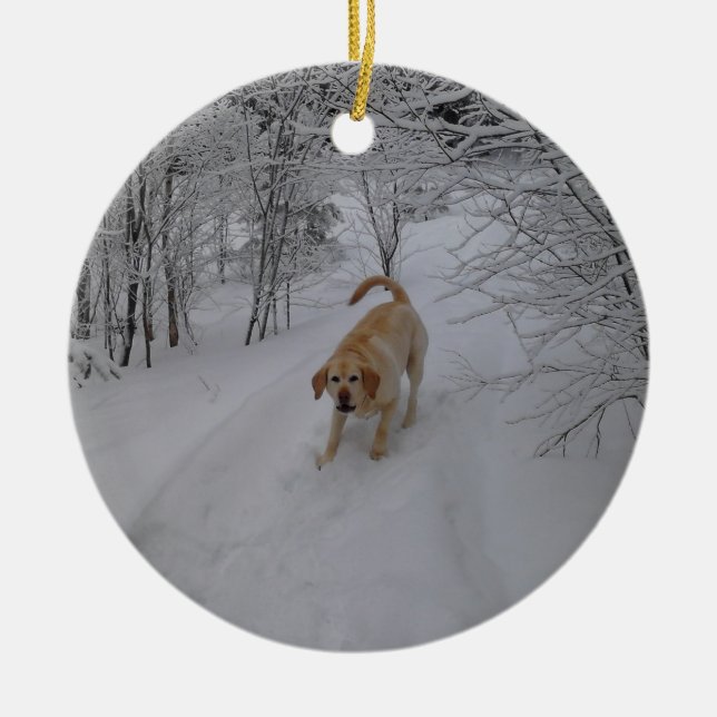 Yellow Lab Playing in Fresh Winter Snow Ceramic Tree Decoration (Front)