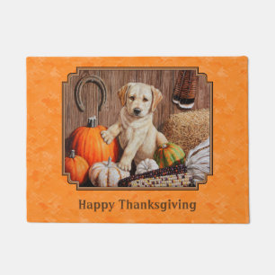 Yellow Lab Pup and Pumpkin Harvest Orange Doormat