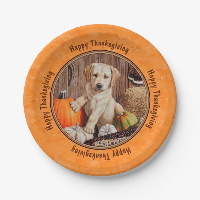 Yellow Lab Pup and Pumpkin Harvest Orange Paper Plate (Front)