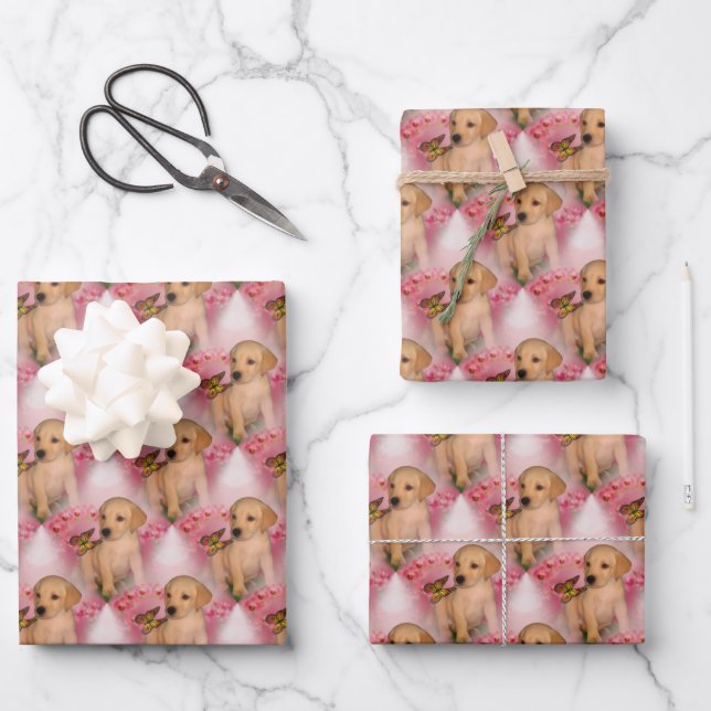 Yellow Lab Puppy Butterfly Animal Pattern  Wrapping Paper Sheet (Front)