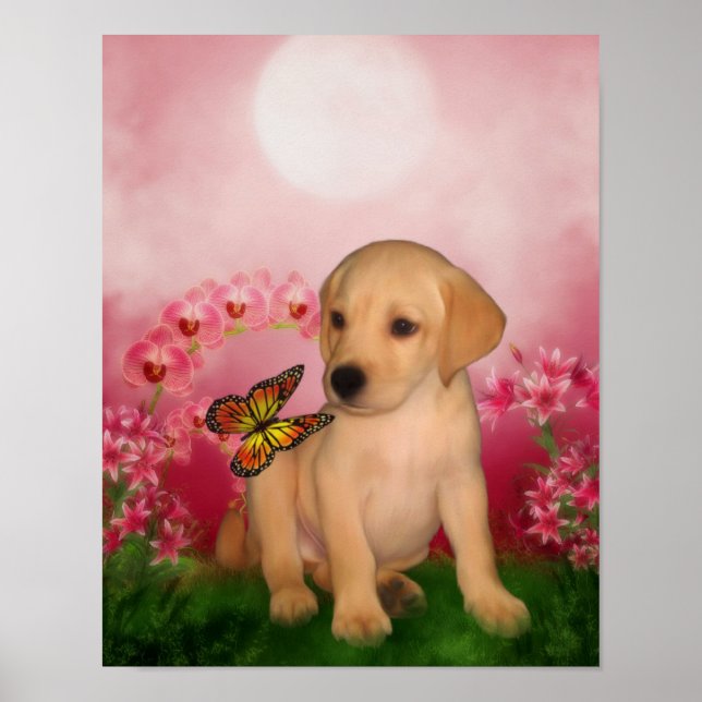Yellow Lab Puppy Butterfly Lily Flowers Dog Art Poster (Front)