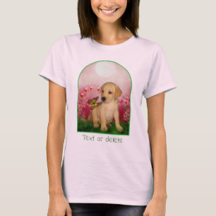 Yellow Lab Puppy Butterfly Lily Flowers Dog Art T-Shirt