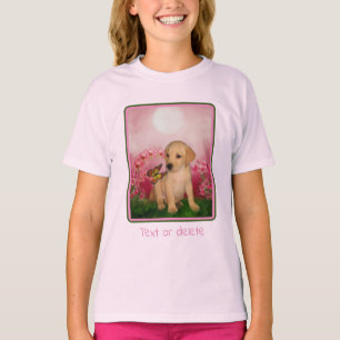 Yellow Lab Puppy Butterfly Lily Flowers Dog Art   T-Shirt