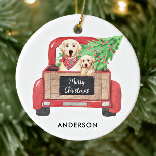 Yellow Lab Puppy Dog Vintage Red Christmas Truck Ceramic Tree Decoration