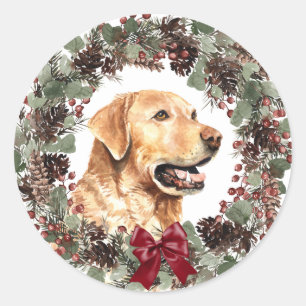 Yellow Lab Red Bow Pinecone Wreath Christmas Classic Round Sticker