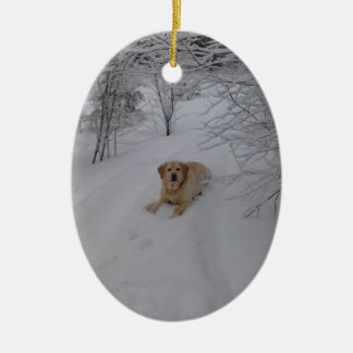 Yellow Lab Relaxing in Fresh Winter Snow Ceramic Tree Decoration