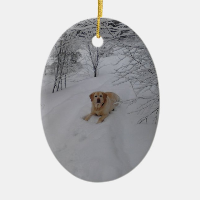Yellow Lab Relaxing in Fresh Winter Snow Ceramic Tree Decoration (Front)