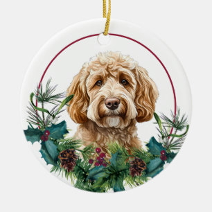 Yellow Labradoodle Dog Evergreen Wreath Ceramic Tree Decoration