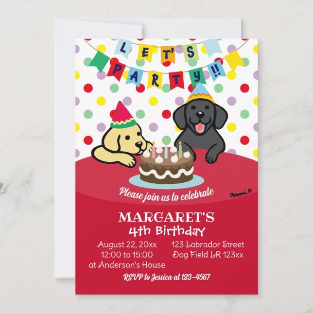 Yellow Labrador and Black Labrador Birthday Party Invitation (Front)