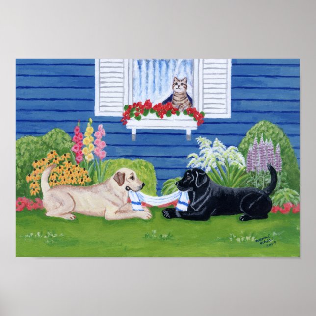 Yellow Labrador and Black Labrador in the Garden Poster (Front)
