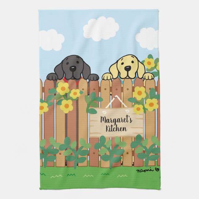Yellow Labrador and Black Labrador Watching Tea Towel (Vertical)