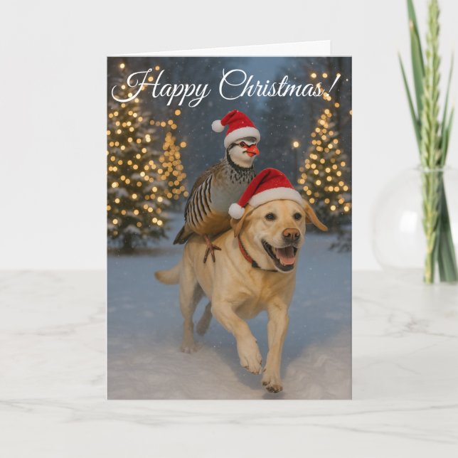 Yellow Labrador and Partridge Happy Christmas card (Front)