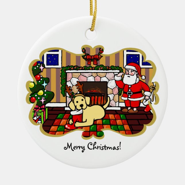 Yellow Labrador and Santa Christmas Cartoon Ceramic Tree Decoration (Front)