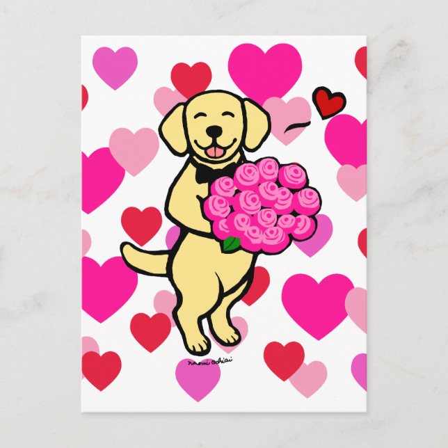 Yellow Labrador Cartoon with Roses Postcard (Front)