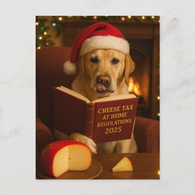 Yellow Labrador  'Cheese Tax' Christmas postcard (Front)