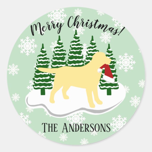 Yellow Labrador Christmas Evergreen Snowflakes Classic Round Sticker (Front)