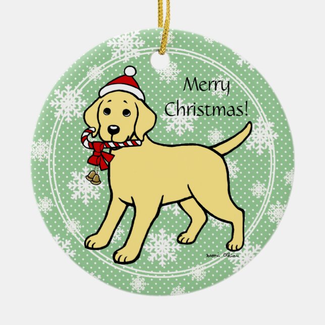 Yellow Labrador Christmas Santa Hat Ceramic Tree Decoration (Front)