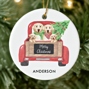 Yellow Labrador Dog Vintage Red Christmas Truck Ceramic Tree Decoration