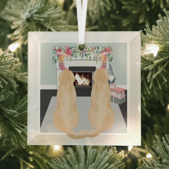 Yellow Labrador Dogs In Christmas Fireplace Scene Glass Tree Decoration (Insitu)