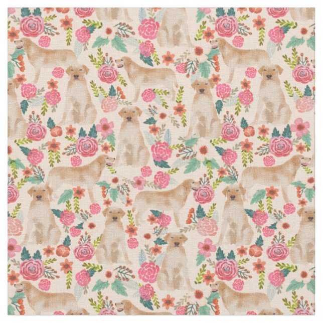 Yellow Labrador floral design peach Fabric (Close Up)