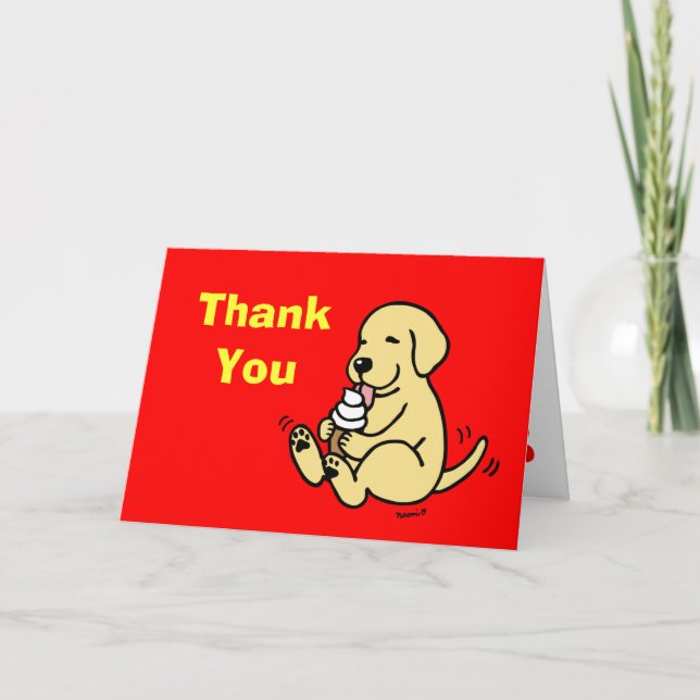 Yellow Labrador Licking Ice Cream Red Thank You Card (Front)