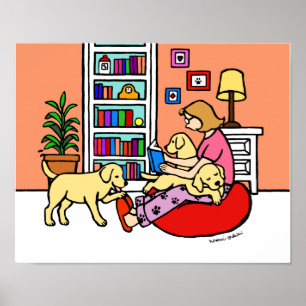 Yellow Labrador Mom Reading Cartoon Poster