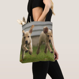 Yellow Labrador Puppies Running Tote Bag