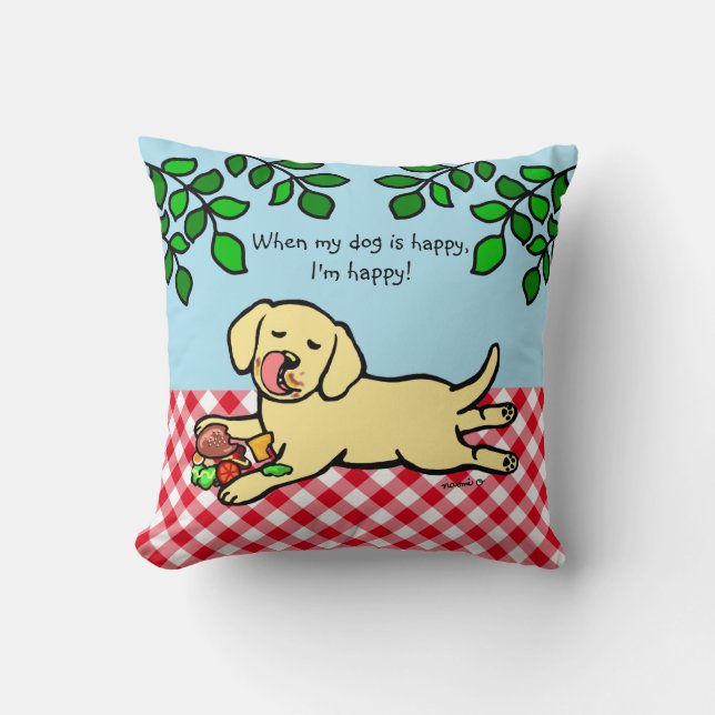 Yellow Labrador Puppy and Hamburger Cushion (Front)