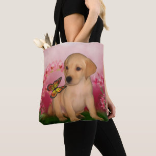 Yellow Labrador Puppy Butterfly Flowers Dog Art  Tote Bag