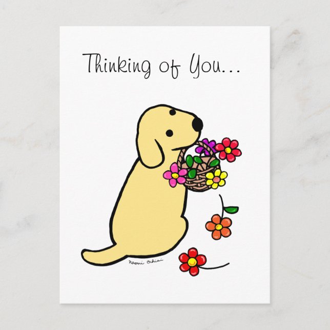 Yellow Labrador Puppy Flower Basket Cartoon Postcard (Front)