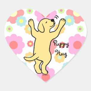 Yellow Labrador Puppy Hug Cartoon Floral Heart Sticker