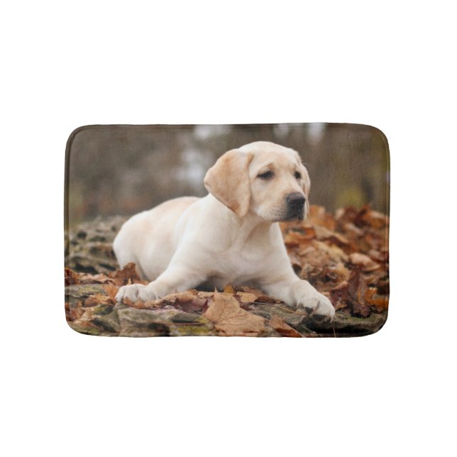 Yellow Labrador Puppy In Autumn Bath Mat (Front)